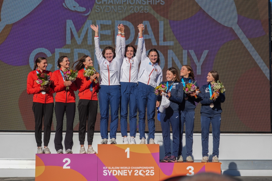 Czechia celebrate at the top of the women's kayak teams podium Czechia kayak teams Sydney 2025 podium