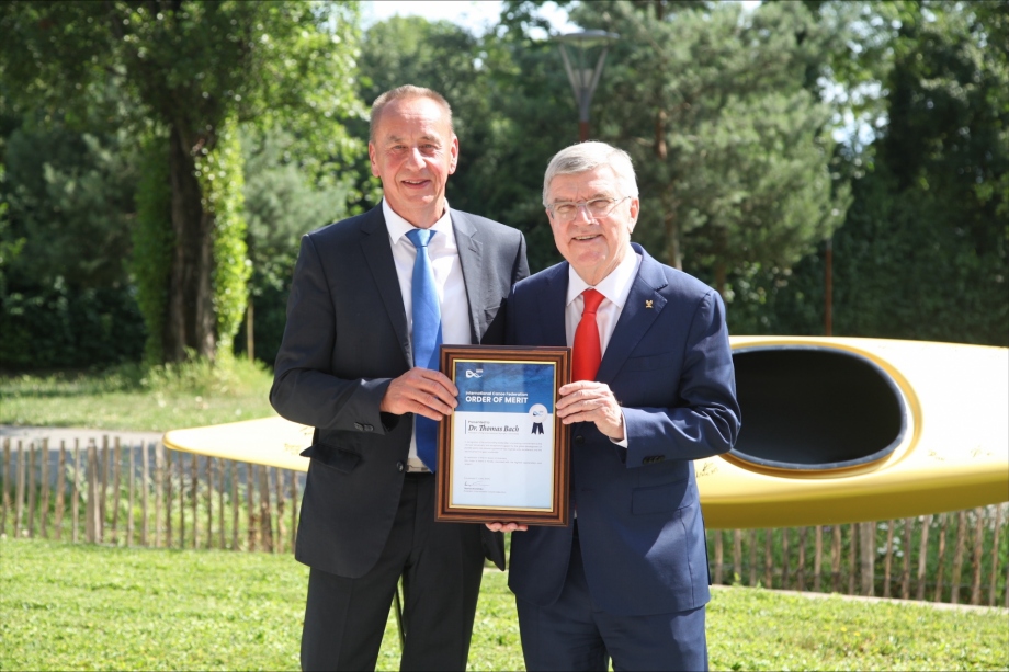 IOC President Thomas Bach receives the ICF Order of Merit Thomas Bach Thomas Konietzko ICF Order of Merit 2025